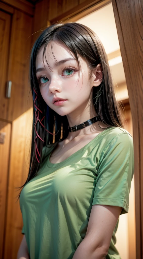 score_9, score_8_up,
1girl,  amagamiyae, black hair, green eyes, red ribbon, hair ribbon,
denim, green shirt, collarbone