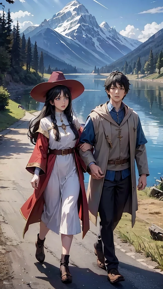 a man together with his wife wearing a wizard's tunic, hair black, with a wizard's hat, walking along a medieval style road, with mountains in the background, lake in the background, with the sun reflecting on the place,very detailed, masterpiece, high quality, ultra resolution, 4k hd.
