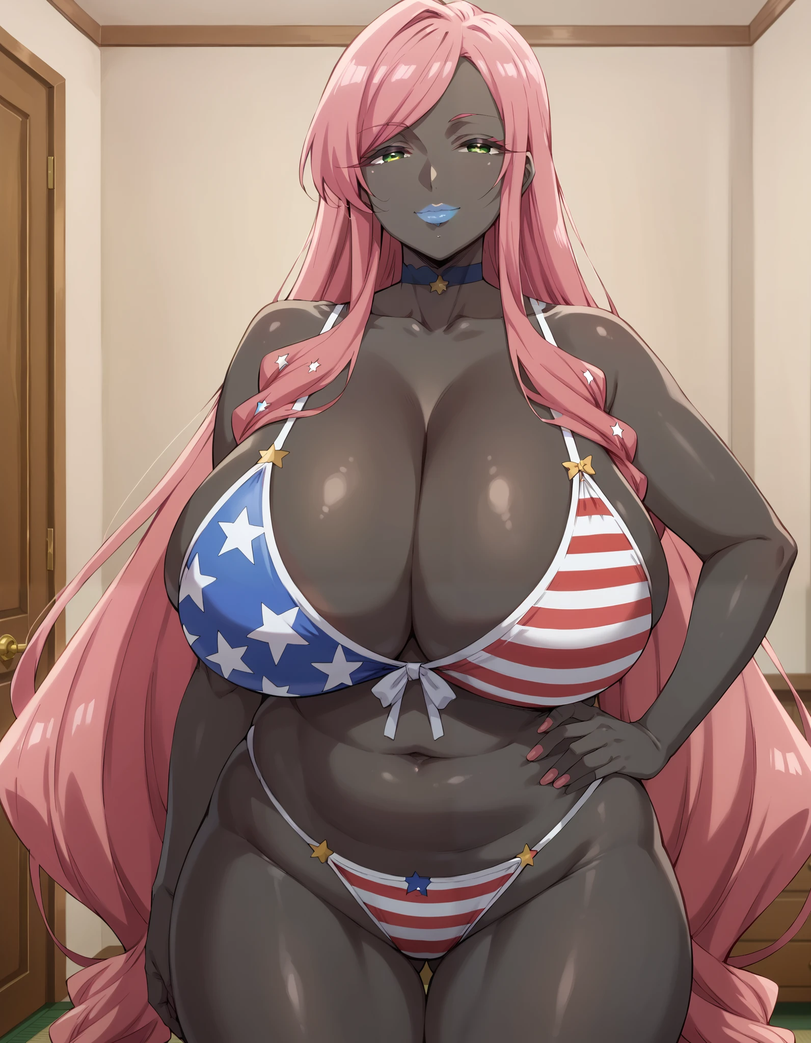 score_9, score_8_up, score_7_up, 1girl, milf, solo, (plump), (colored skin, black skin:1.4), hahari hanazono, (huge breasts:1.4), (((pink hair), very long hair, twintails, swept bangs, long sidelocks, green eyes, half-closed eyes)), blue lips, ((choker, bare arms, american flag print lingerie)), ((light smile), closed mouth), ((hand on own hip, bedroom))