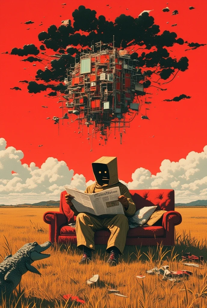  There is a man sitting on a sofa in the field, wearing a paper bag, and reading a newspaper , Ultra Realistic Composition ,  surreal style ,  neo-surrealist   .   digital art  , surrealistic   digital art  work,  Surreal Scene , Surreal Photography, surreal 3 d render,   surrealist conceptual art   ,  Dreamy Art , Surreal Photographygraphy,  surrealist photography ,   surreal digital art   ,  alexander jansson style ,  collage style Jose Baelorza、 collage by Yokoo Tadanori 、Items floating in the air 、LOTS OF ITEMS 、Red Sky、 black clouds、巨大な看板、Crocodile、 Ultra High Definition,  Very detailed, 