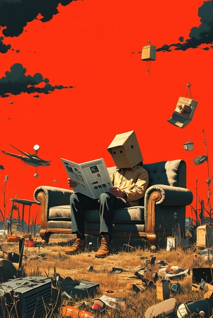  There is a man sitting on a sofa in the field, wearing a paper bag, and reading a newspaper , Ultra Realistic Composition ,  surreal style ,  neo-surrealist   .   digital art  , surrealistic   digital art  work,  Surreal Scene , Surreal Photography, surreal 3 d render,   surrealist conceptual art   ,  Dreamy Art , Surreal Photographygraphy,  surrealist photography ,   surreal digital art   ,  alexander jansson style ,  collage style Jose Baelorza、 collage by Yokoo Tadanori 、Items floating in the air 、LOTS OF ITEMS 、Red Sky、 black clouds、巨大な看板、Crocodile、 Ultra High Definition,  Very detailed, 