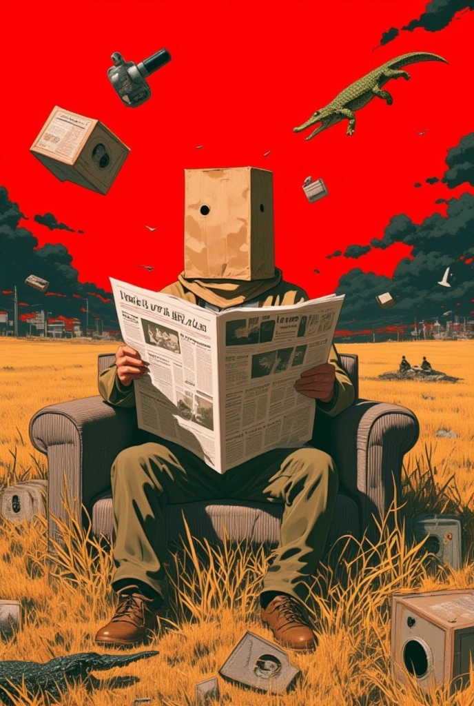  There is a man sitting on a sofa in the field, wearing a paper bag, and reading a newspaper , Ultra Realistic Composition ,  surreal style ,  neo-surrealist   .   digital art  , surrealistic   digital art  work,  Surreal Scene , Surreal Photography, surreal 3 d render,   surrealist conceptual art   ,  Dreamy Art , Surreal Photographygraphy,  surrealist photography ,   surreal digital art   ,  alexander jansson style ,  collage style Jose Baelorza、 collage by Yokoo Tadanori 、Items floating in the air 、LOTS OF ITEMS 、Red Sky、 black clouds、巨大な看板、Crocodile、 Ultra High Definition,  Very detailed, 