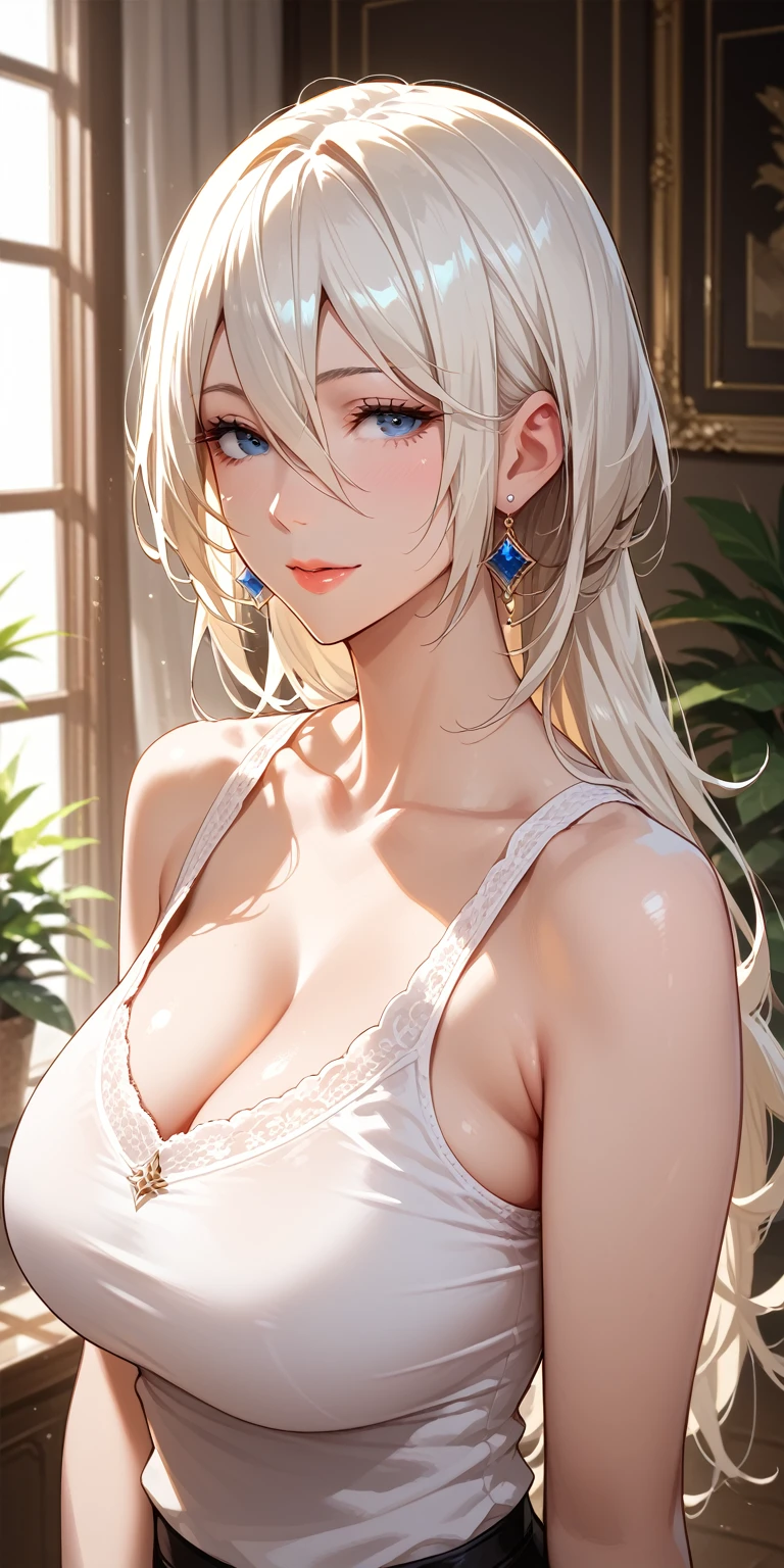 Score_9, Score_8_up, Score_7_up, Source_anime, anime art, anime style, very aesthetic, masterpiece, high quality, 1girl, elegant mature woman, milf, curvaceous, tank top, a2_\(nier:automata\),1girl,white_hair, long hair, hair between eyes, upper body