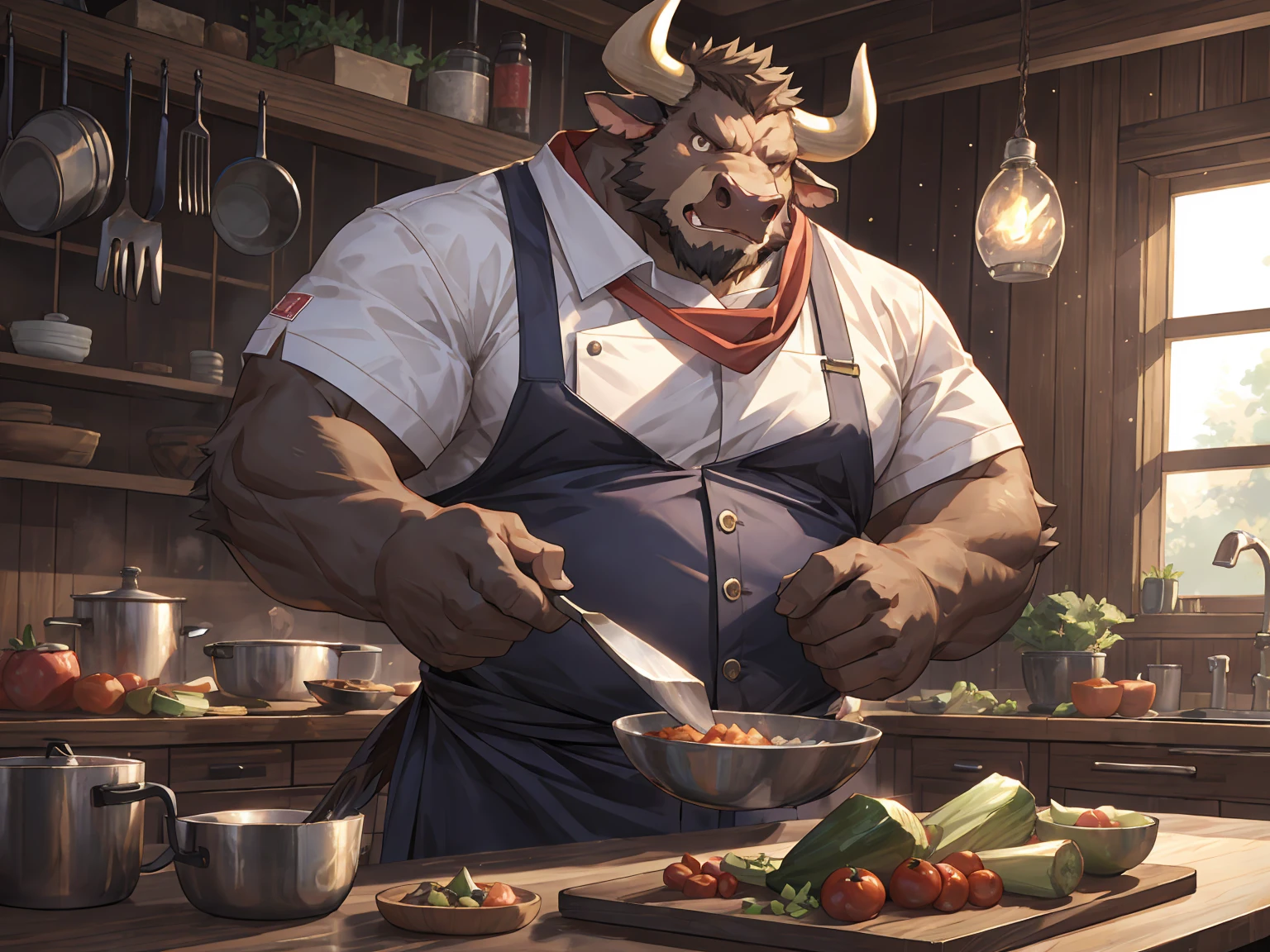 deep brown bovine, deep brown ox, deep brown bull, red scarf, ox horns, horns, Looking shyly at the camera, anger, Fat-enclosed muscle, Chef's uniform, kitchen, Cooking show, masterpiece, (16K), HD, Various facial details, detailed background, very detailed, dynamic poses, Eyes details,  high resolution, high quality, correct anatomy, cartoon, by lindong, by null-ghost, solo, Chopping vegetables, Fierce expression, nervous, surprised expression