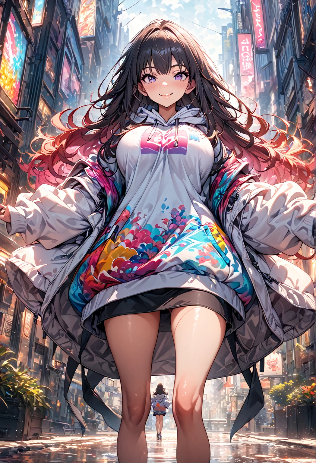 (masterpiece:1.2,  best quality), ( high definition),    1 girl  , Long legs,  long hair,  oversized hoodie,  standing, smile,  original character , Volumetric Lighting, Best Shadow,  shallow depth of field, (  best quality , Amazing Details:1.25),  brightly colored painting  (Big Breasts: 1. 2,),