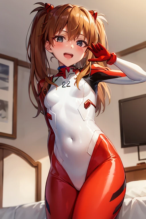 (( top quality)), ((masterpiece)), (be familiar with),  perfect face, indoor, bedroom,  watching viewers ,
One woman,  Soryu Asuka Langley,
 open mouth,  with an ecstatic expression , blush, smile,
 small tits,  flat chested, Young girl, Lori,  s,  girl,
 long hair,  twin tails,
Leg spread,