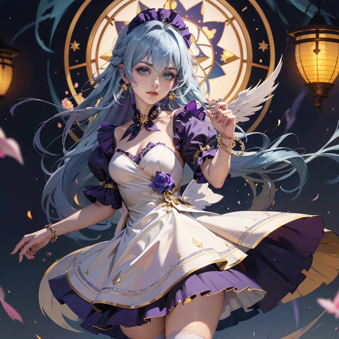 Robin_(Honkai star rail), 1girl, dress, jewelry, blue hair, flowing hair, long hair, solo, white roses, angel wings, firefly, long flowing hair, floating hair, ornament hair, Looking at the viewer, flowing hair, magical girl, Beautiful Eyes, maid, maid dress, maid headdress, white headdress, maid apron, white apron, dress with too many frills, white dress, purple laces, white Short skirt, skirt with layers, small skirt, Drape clothes, purple gem, Lace trim, lux garden, luxury gold details, gold jewelry, more details, best quality, blushing, Striped Lace Stockings, short skirt, sparkle, solo, centered girl, cowboy shot, glowing hair, magical girl, sparkles, more details on her clothes, dress with transparency, golden details on her dress, night, oriental lanterns