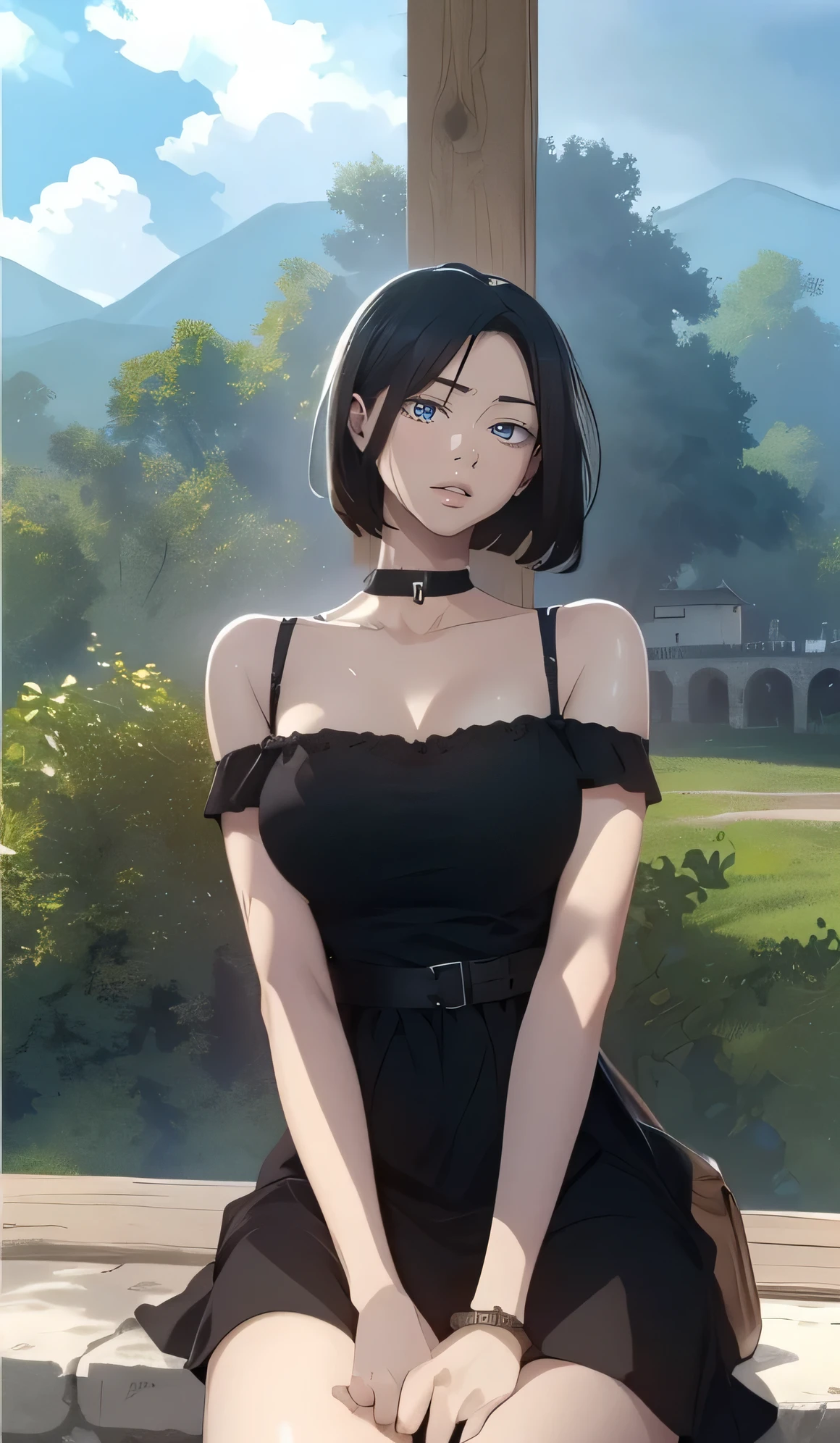 masterpiece,best quality, official art, extremely detailed CG unity 8k wallpaper, ((top quality, 8k, masterpiece: 1.3, ultra hd, high quality, best quality, high definition, ((realism)), sharp focus: 1.5,(Very detailed CG unity 8K wallpaper), Dark Cinematic Lighting, cinematic lighting, sooahdef \(Secret Class\), large breasts, fair skin,sweaty body, sweaty face, bob_cut, short hair, 1girl, solo, dress, black_hair, black_dress, hair_over_one_eye, sitting, choker, bracelet, looking_at_viewer, sky, short_hair, breasts, jewelry, day, outdoors