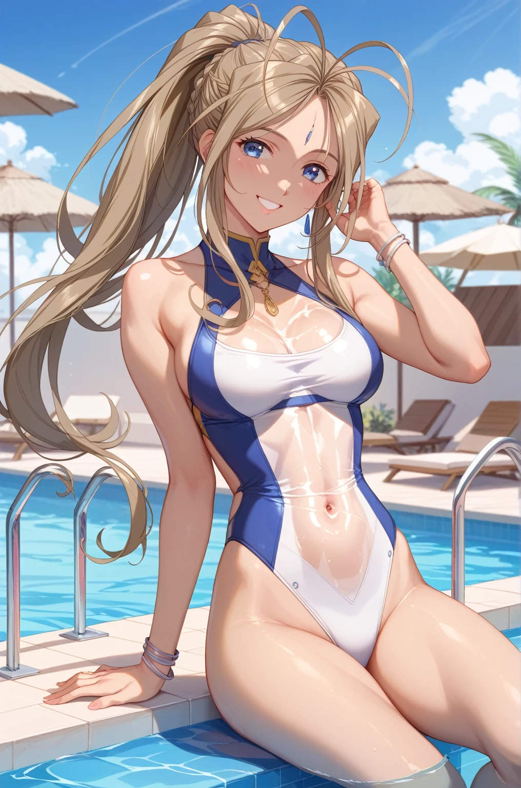 ( ultra high resolution,  best quality, masterpiece,  high detail), Glamorous image quality、 textured skin 、 glossy skin、 1 woman、Belldandy V2、Oh My Goddess！、 brown hair、Shiny Hair、 high ponytail、 blue eyes、Glamorous eyes、 white swimsuit 、 competitive swimsuit、See-through、 poolside、slouch、front、smile、 simple background、( blur the background )