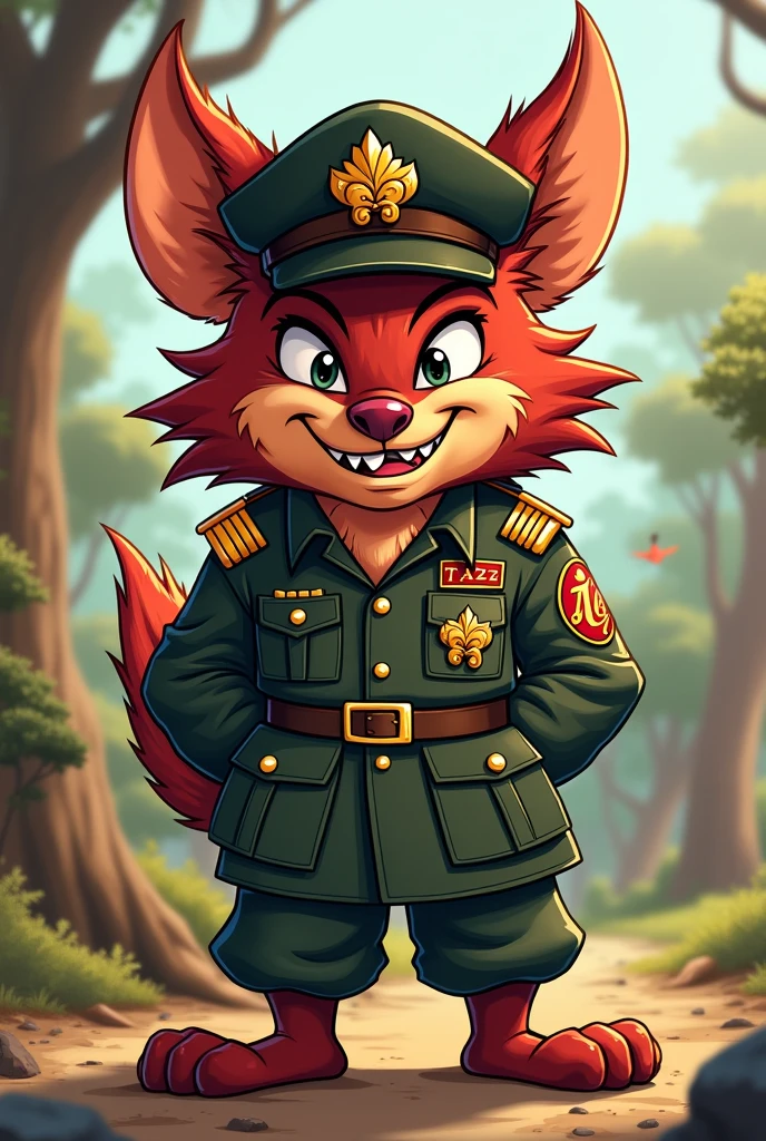 Yellow shiba inu dog in a green military uniform with his fist raised in the air