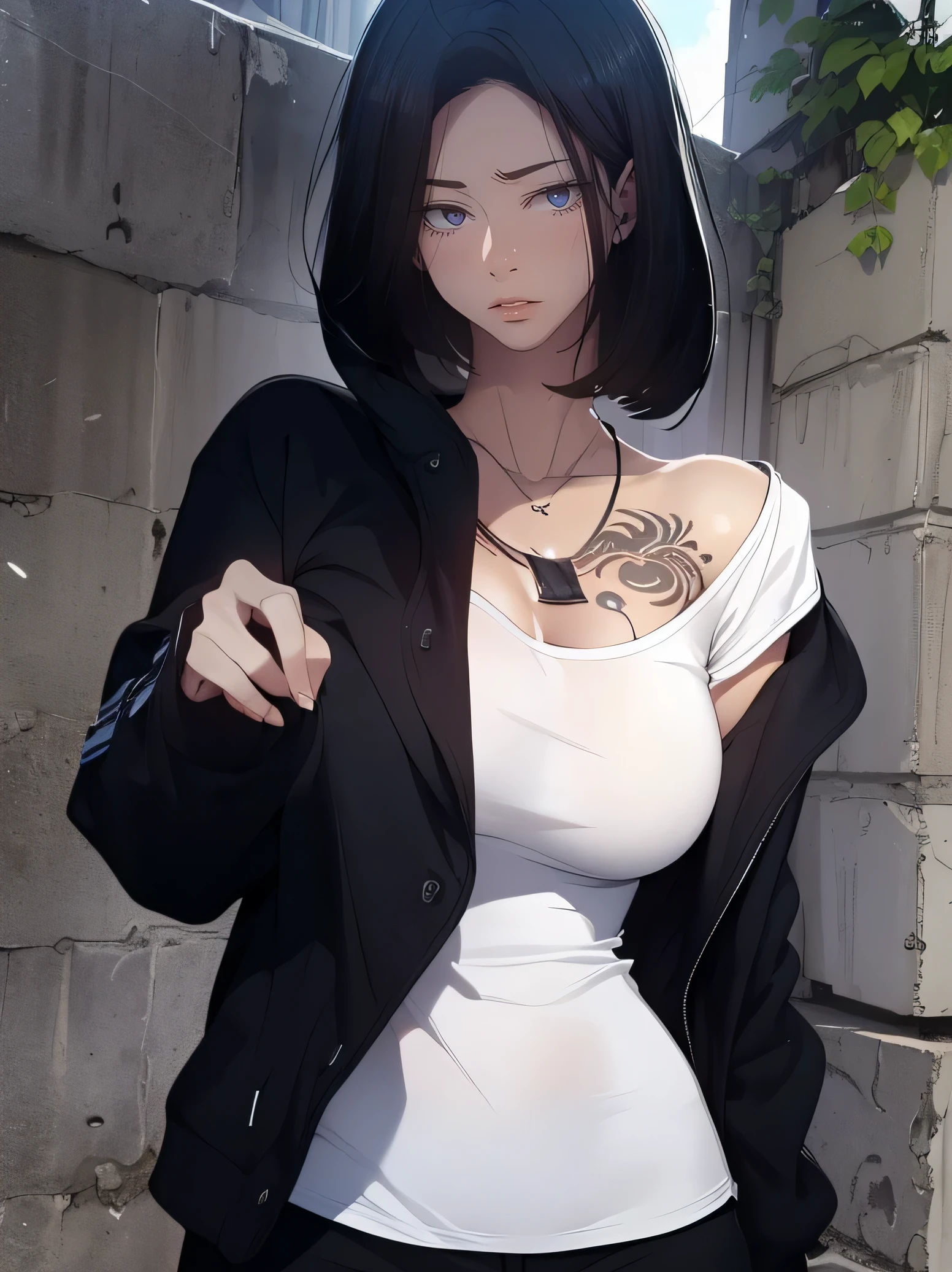 masterpiece,best quality, official art, extremely detailed CG unity 8k wallpaper, ((top quality, 8k, masterpiece: 1.3, ultra hd, high quality, best quality, high definition, ((realism)), sharp focus: 1.5,(Very detailed CG unity 8K wallpaper), Dark Cinematic Lighting, cinematic lighting, sooahdef \(Secret Class\), large breasts, fair skin,sweaty body, sweaty face, bob_cut, short hair, 1girl, tattoo, solo, long_hair, black_hair, necklace, jewelry, looking_at_viewer, shirt,, jacket, black_jacket, white_shirt, breasts, off_shoulder, lips, black_eyes, open_clothes, pants
