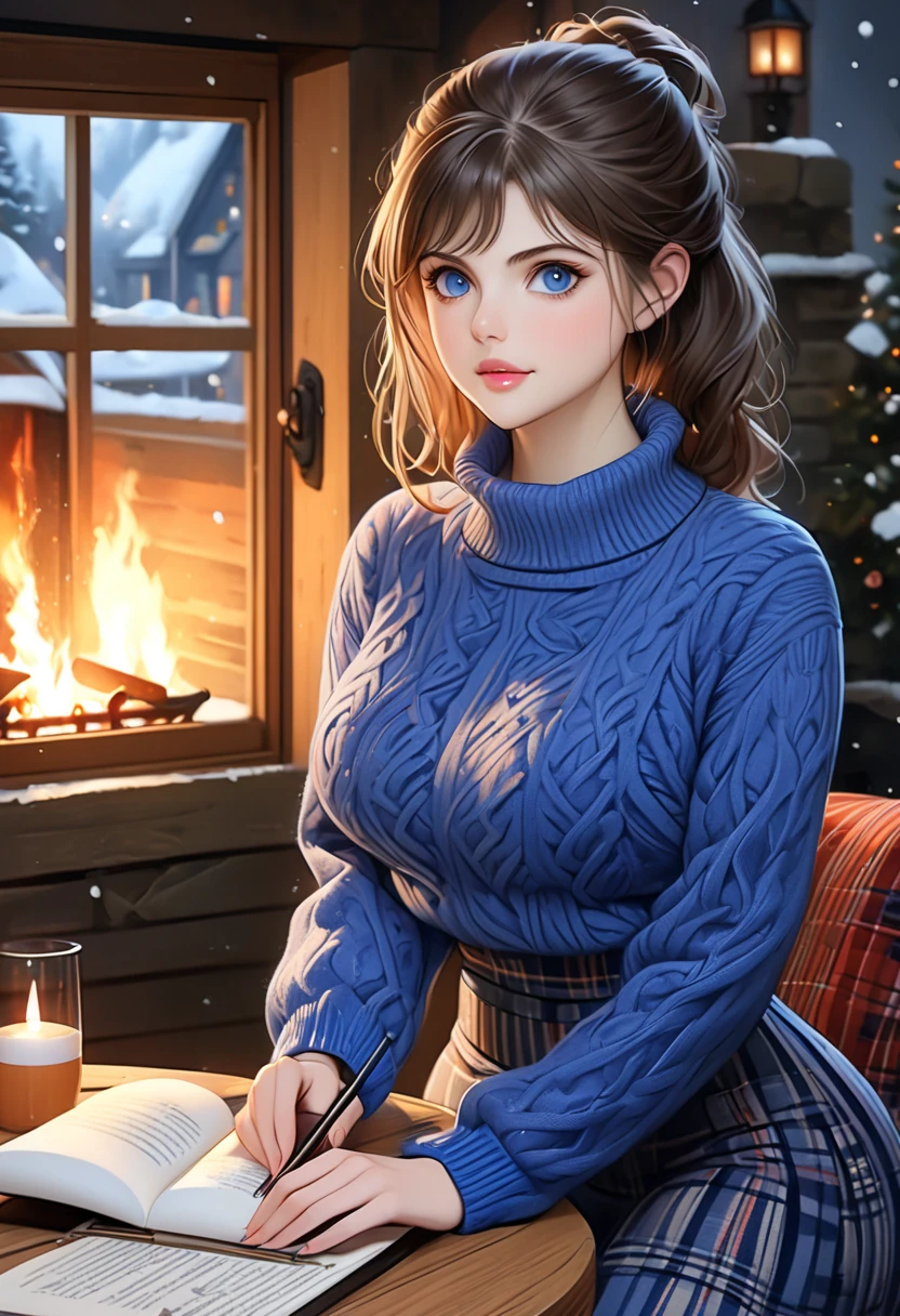 (masterpiece:1.2,highest quality),Photographed with an ultra-wide-angle lens,blur the background, Snowing background,1 High school girl,emphasizes the chest,(medium breasts),Cute  ,auburn hair,detailed and beautiful eyes,blushing face,healthy skin,looking at the viewer,smile,(resort scenery),8K resolution, seductive V neck Suit