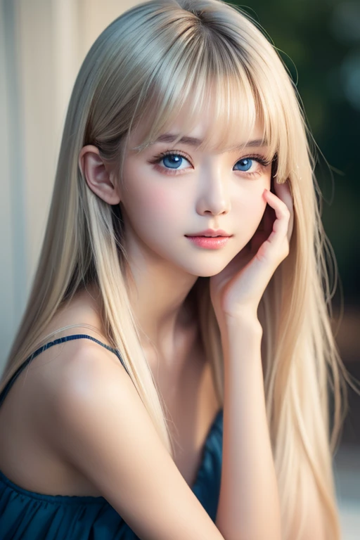  portrait、very white high school girl、Young, white, shiny skin 、Best Looks、Blonde Reflected Light 、 Platinum Blonde Hair with Dazzling Highlights 、Shiny bright hair、super long silky super long straight hair、Shiny, beautiful bangs、Shining, crystal clear, attractive, large, very bright ice blue eyes、A lovely young, cute, innocent  girl with a very beautiful innocent appearance 、 raise one arm、Full-bodied Esbian、 beautiful breasts、Small Face Beauty、round face、 bangs that fall over the eyes、Bangs between the eyes、 Cheek Gloss Highlights 