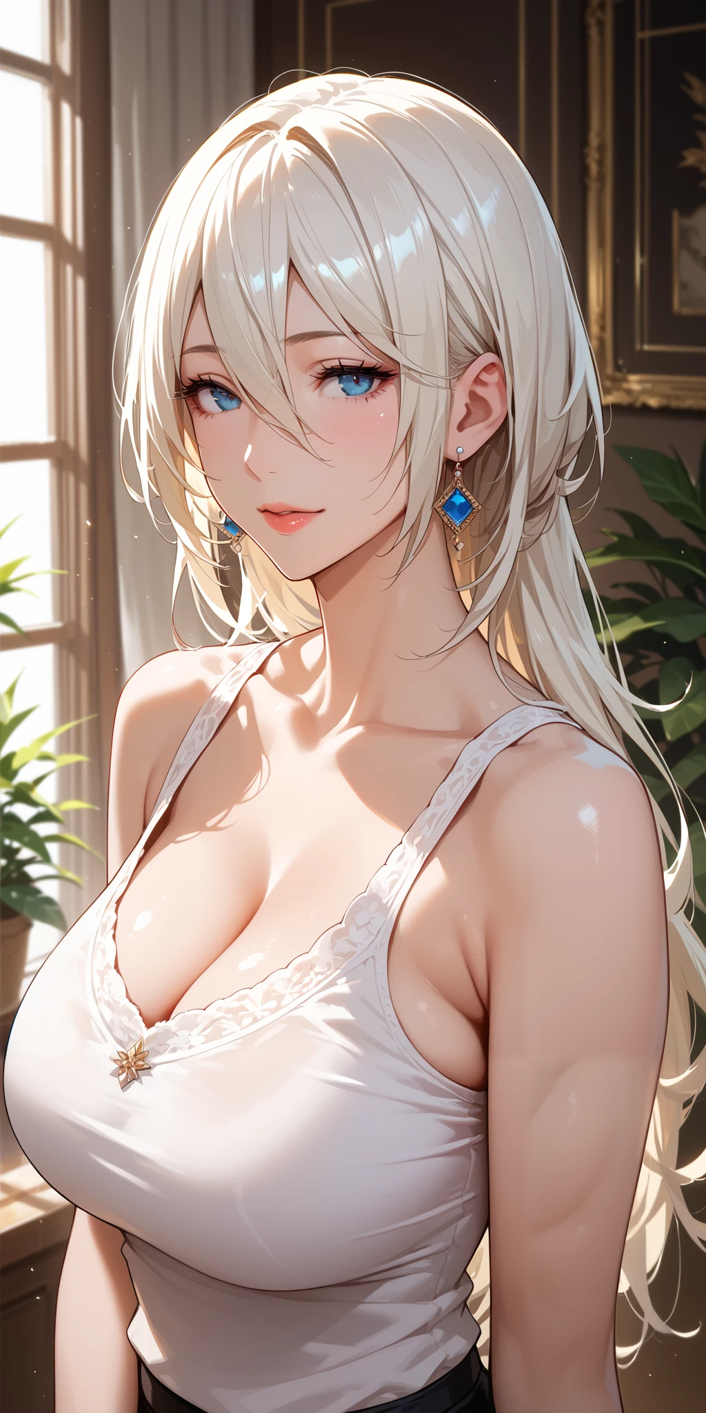 Score_9, Score_8_up, Score_7_up, Source_anime, anime art, anime style, very aesthetic, masterpiece, high quality, 1girl, elegant mature woman, milf, curvaceous, tank top, a2_\(nier:automata\),1girl,white_hair, long hair, hair between eyes, upper body