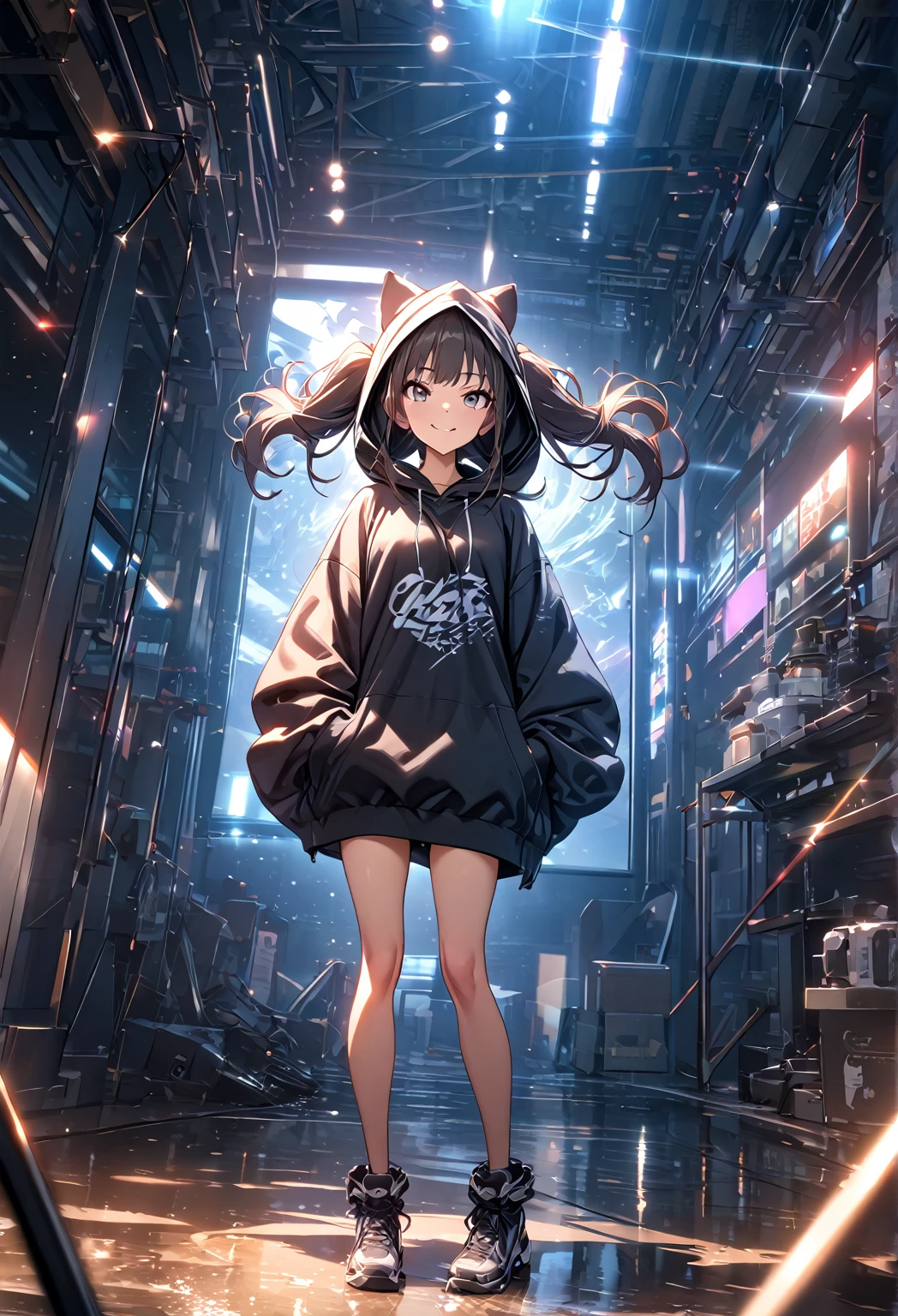 (masterpiece:1.2,  best quality), ( high definition),    1 girl  , Long legs,  twin tails,  oversized hoodie,  standing, smile, Volumetric Lighting, Best Shadow,  shallow depth of field, (  best quality , Amazing Details:1.25), 