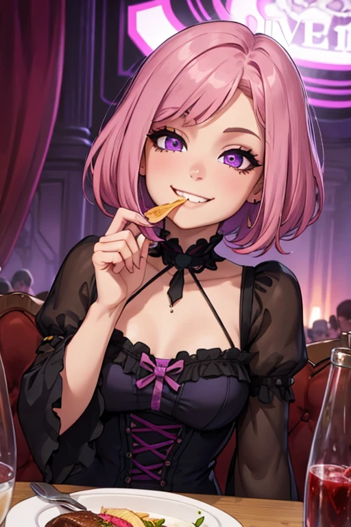 yae miko, 1girl, alcohol, alternate costume, animal ears, bare shoulders, blurry, blurry background, blush, bokeh, breasts, chair, champagne, champagne flute, choker, cleavage, cleavage cutout, clothing cutout, collarbone, cup, depth of field, drink, drinking glass, earrings, floppy ears, fox ears, hair between eyes, hair intakes, heart, holding, holding cup, holding drink, jewelry, large breasts, long hair, long sleeves, looking at viewer, nail polish, off-shoulder sweater, off shoulder, on chair, parted lips, pendant choker, pink hair, purple choker, purple eyes, purple sweater, red nails, sitting, smile, solo, sweater, upper body, ((masterpiece))   <lora:yae_miko_offset_9_6:1>