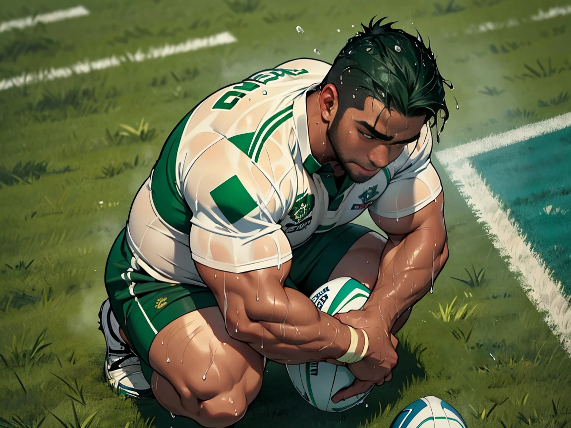 bodybuilding physique, A muscular man with a strong build.. He has a well-defined jaw and a serious expression.. His skin is clear, and he has a short beard. Football, american football clothing, rugby, Football player, hull, short hair, short haircut