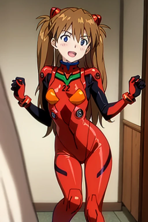 (( best quality)), ((masterpiece)), (be familiar with),  perfect face, indoor, bedroom,  watching viewers ,
One woman,  Soryu Asuka Langley ,
 characters with open mouth ,  ecstatic expression with hands in front of body, blush, smile,
Small breasts,  flat chested, Young girl, Lori,  s,  girl,
 long hair,  twin tails,
Leg spread,