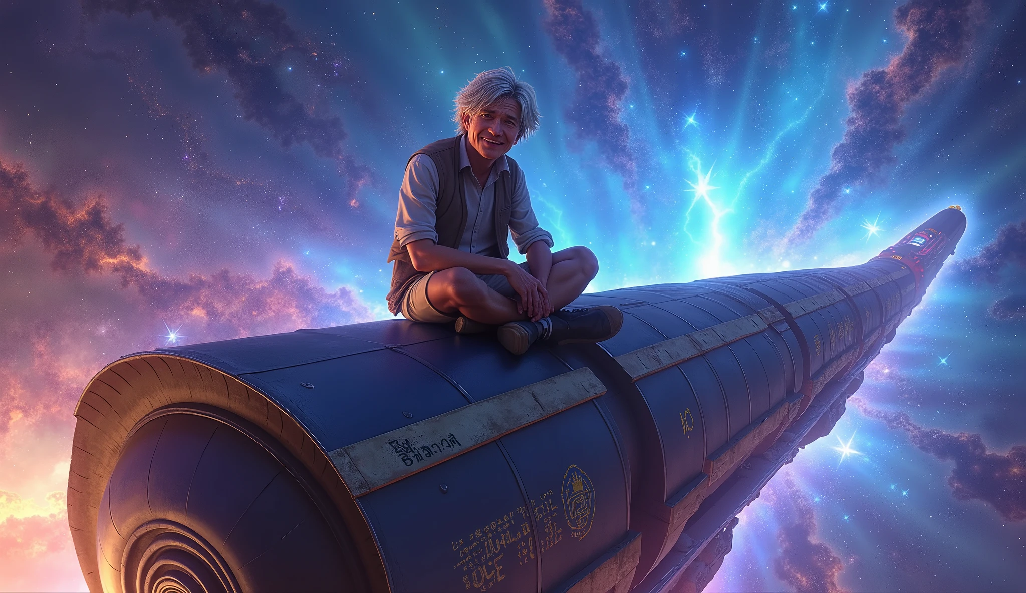 There is a man sitting on a large blue object in the sky - SeaArt AI