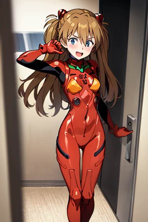 (( best quality)), ((masterpiece)), (be familiar with),  perfect face, indoor, bedroom,  watching viewers ,
One woman,  Soryu Asuka Langley ,
 characters with open mouth ,  ecstatic expression with hands in front of body, blush, smile,
Small breasts,  flat chested, Young girl, Lori,  s,  girl,
 long hair,  twin tails,
Leg spread,