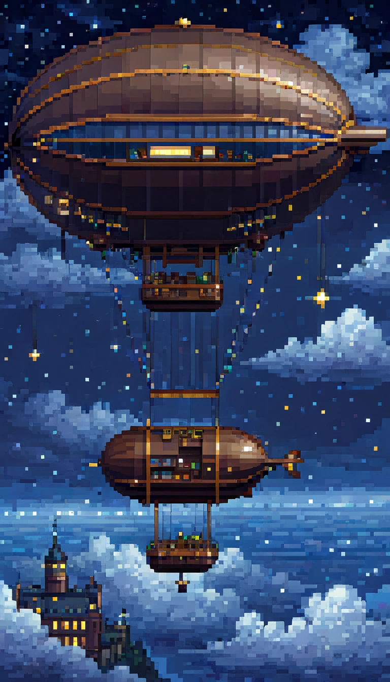 pixel art, ((1 a dirigible)), night, clouds, stars, (sky), top down view