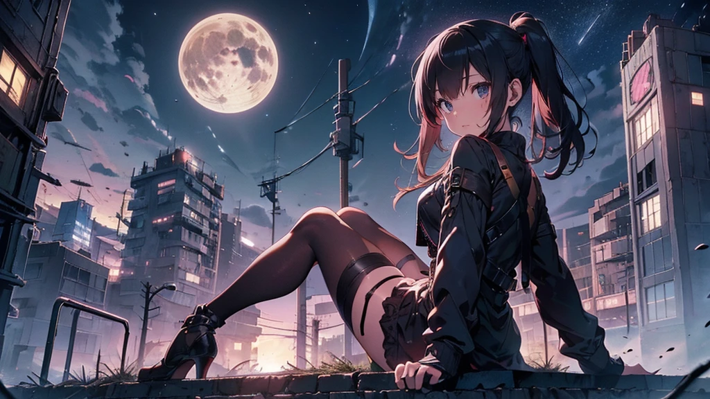 Woman sitting、A picture of a woman from her legs to her head 、Rusted handrails 、The woman has a night view of the city in the background 、Spectacular night sky、Wide sky、cityscape,　 pink short hair、 is wearing a white mini dress、Monokini is wet and transparent、 wet body,、 is sweating、 GROWING SKIN、 Oiled Body 、 low angle、 detailed face 、 woman on top of a skyscraper looking at the night view of the city 、 Lighting from Behind the Subject 、Night sky with a view of the Milky Way 、Big full moon、Beautiful moonlight、 Spectacular clouds illuminated by the moon 、The background feels deep 、 Machine and Rust Details 、 super wide angle lens that gives off a sense of destruction 、 woman in black pantyhose、Equipped with a mechanical mechanism、Clockwork mechanism、Gear mechanism 、 diesel puncture、 rock punk、 dystopian cityscape、Abandoned Buildings 、Catastrophe 、 a ruined city、
