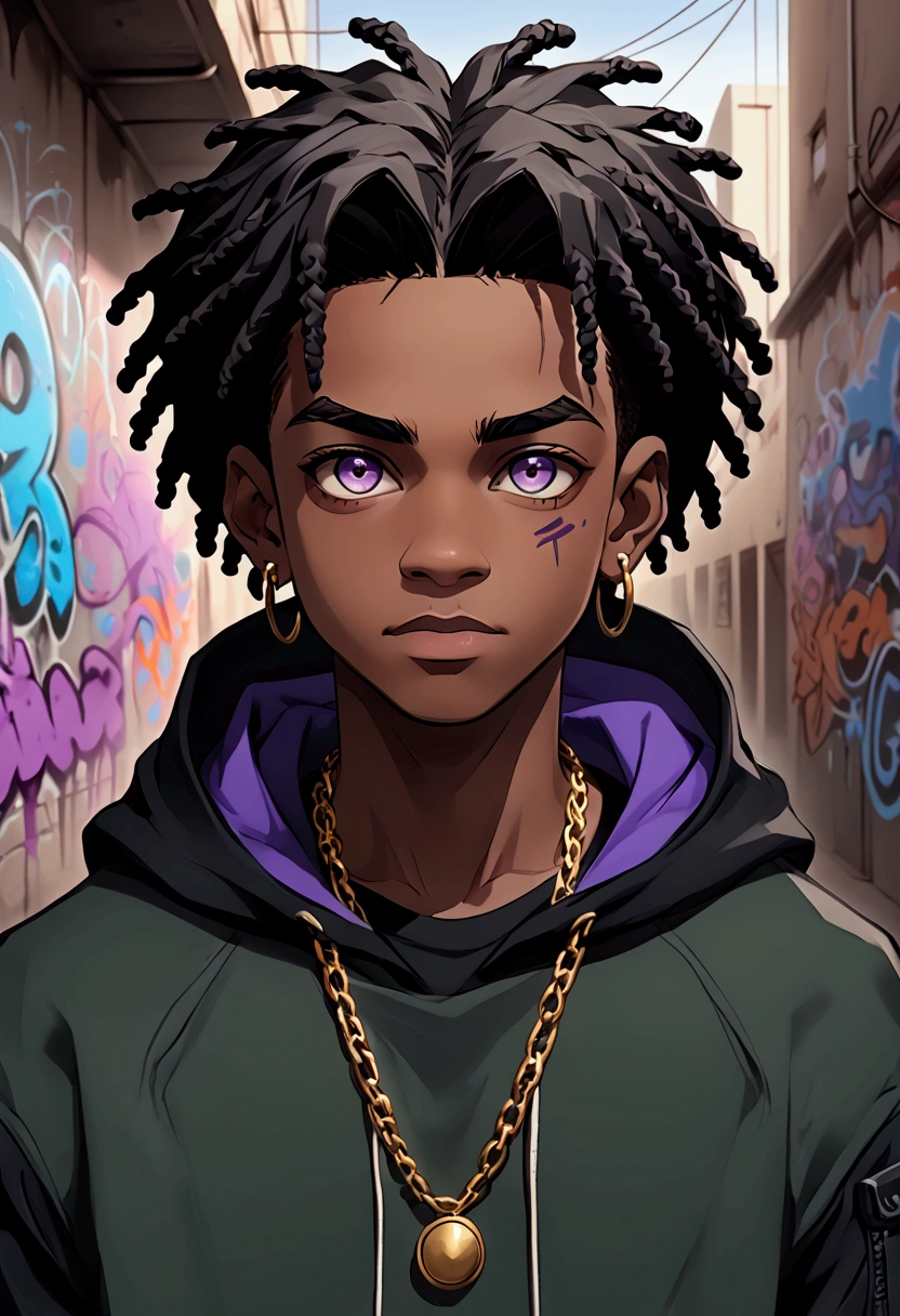  
(foco frontal), (8k, 4k, intricate),(closeup-shot:1), (highly detailed:1.2),(((detailed background:1.2,graffiti walls, apocalyptic alleyway)))scarred face, heterochromia, different colors eyes{{{dark green and violet eyes))), dark skinned pretty boy with ear piercings standing for a photo, a cartoon picture of a person with a dark grey hooded jacket and a golden chain-necklace, streetwear hoodie , multiple scars on the right side of his face, trigger anime artstyle, in an anime style, demon slayer rui fanart, lil uzi vert, unknown artstyle, 2 d anime style, in style of tyler mitchell, anime style character, ufotable art style, portrait of apocalyptic bandit, he wears an torn up hoodie, black shirt with patches, detailed hairstyle((faded haircut, braided dreadlocks))detailed character portrait, portrait of a athletic male character, colored sketch, demon slayer rui fanart, unrealistic character concept , apocalyptic desert, apocalyptic background, night time), Masterpiece, best quality, {best quality}, {{masterpiece}}, {highres}, focus, anime style, baggy eyes,, smiling,, African-American model,, colored sketch, fanart, digital art from danganronpa, drawn in the style of mark arian, androgynous black boy who looks like Lucio, stylized portrait, solo portrait 🎨🖌️, a character portrait