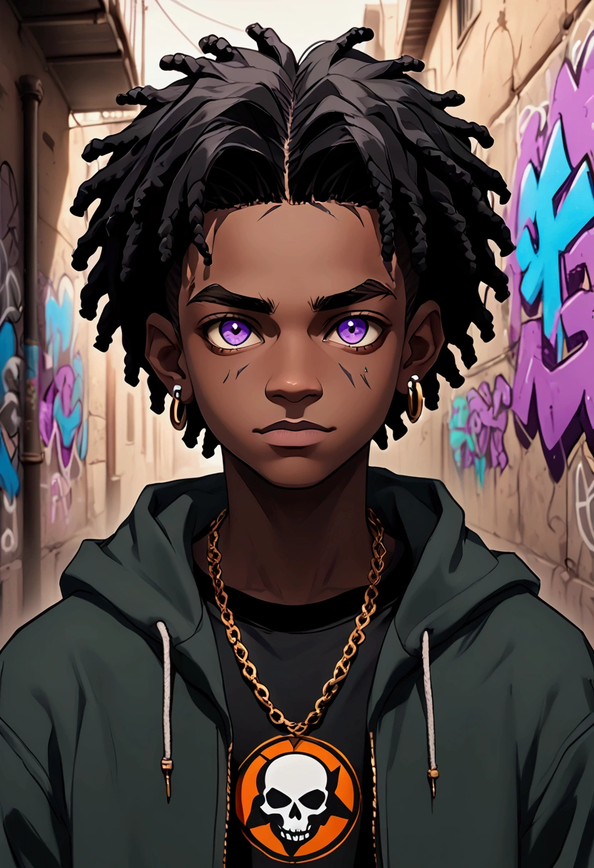  
(foco frontal), (8k, 4k, intricate),(closeup-shot:1), (highly detailed:1.2),(((detailed background:1.2,graffiti walls, apocalyptic alleyway)))scarred face, heterochromia, different colors eyes{{{dark green and violet eyes))), dark skinned pretty boy with ear piercings standing for a photo, a cartoon picture of a person with a dark grey hooded jacket and a golden chain-necklace, streetwear hoodie , multiple scars on the right side of his face, trigger anime artstyle, in an anime style, demon slayer rui fanart, lil uzi vert, unknown artstyle, 2 d anime style, in style of tyler mitchell, anime style character, ufotable art style, portrait of apocalyptic bandit, he wears an torn up hoodie, black shirt with patches, detailed hairstyle((faded haircut, braided dreadlocks))detailed character portrait, portrait of a athletic male character, colored sketch, demon slayer rui fanart, unrealistic character concept , apocalyptic desert, apocalyptic background, night time), Masterpiece, best quality, {best quality}, {{masterpiece}}, {highres}, focus, anime style, baggy eyes,, smiling,, African-American model,, colored sketch, fanart, digital art from danganronpa, drawn in the style of mark arian, androgynous black boy who looks like Lucio, stylized portrait, solo portrait 🎨🖌️, a character portrait