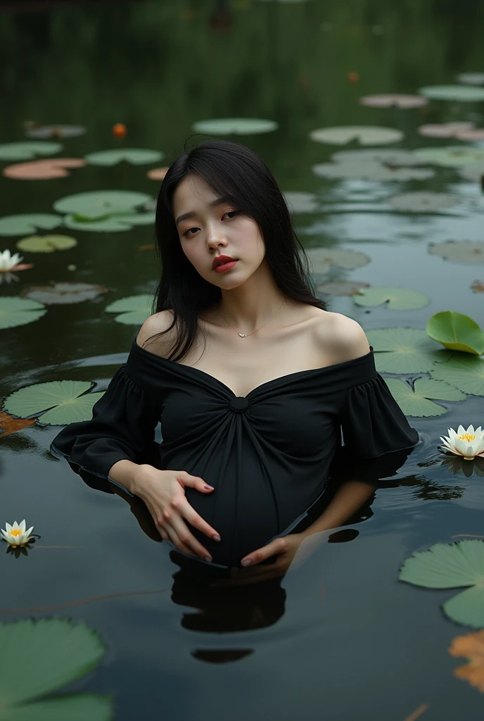A plump, fair-skinned Asian woman with short hair, naked, wearing a thin coat by the sea.