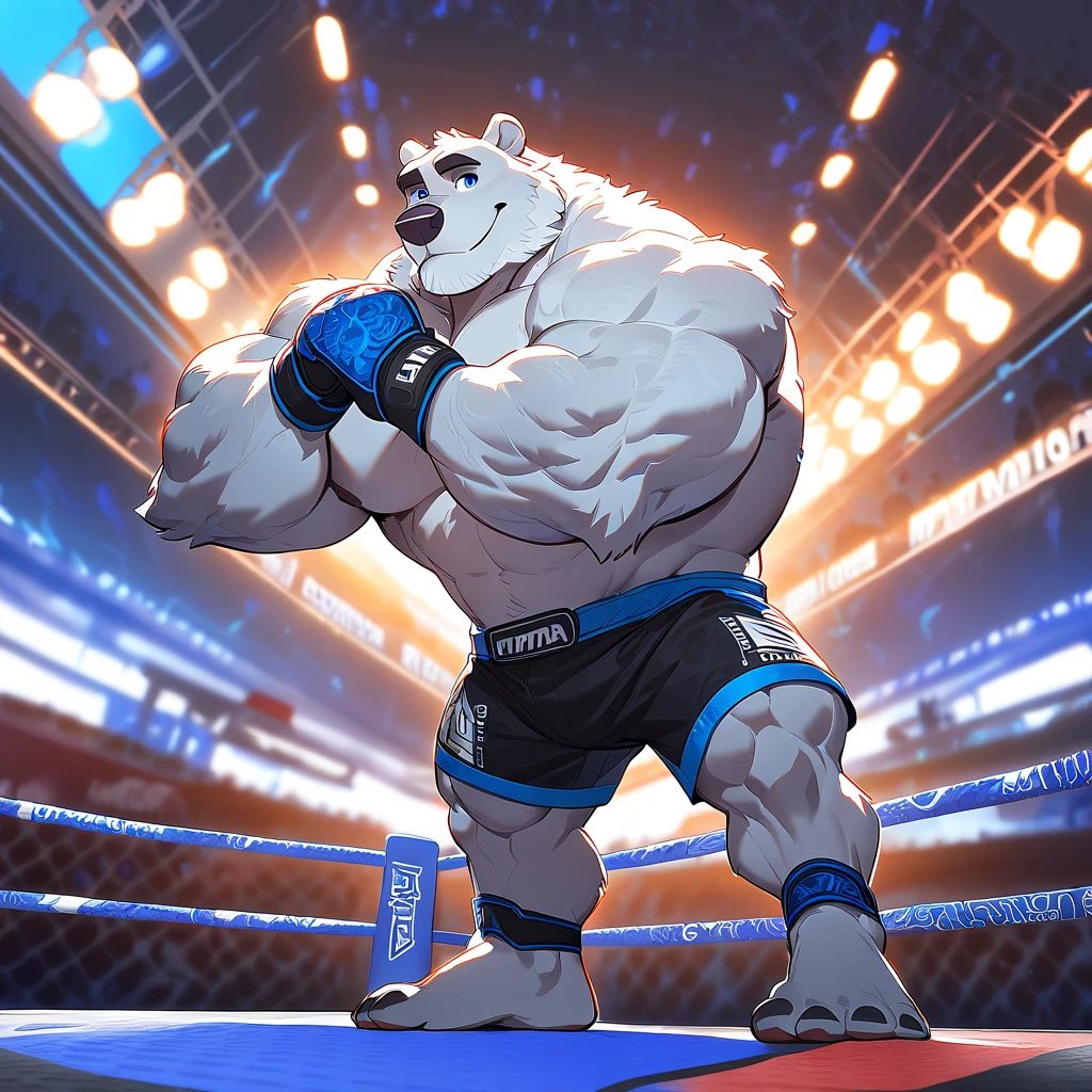 bara polar bear, strong physique, perfect anatomy, masterpiece, gray moustache and beard, wrinkles huge white fur, solo, added eyes with blue pupils, great lighting, black MMA shorts with blue slits, MMA fingerless gloves with blue kuckle pads, ankle support foot brace wraps, MMA fighting tournament, flexing a bicep, topless, hyper muscular, height: 7ft, weight: 350lbs, thick arms, huge pectoral, Walt Disney 2D Zootopia Animation Art Style