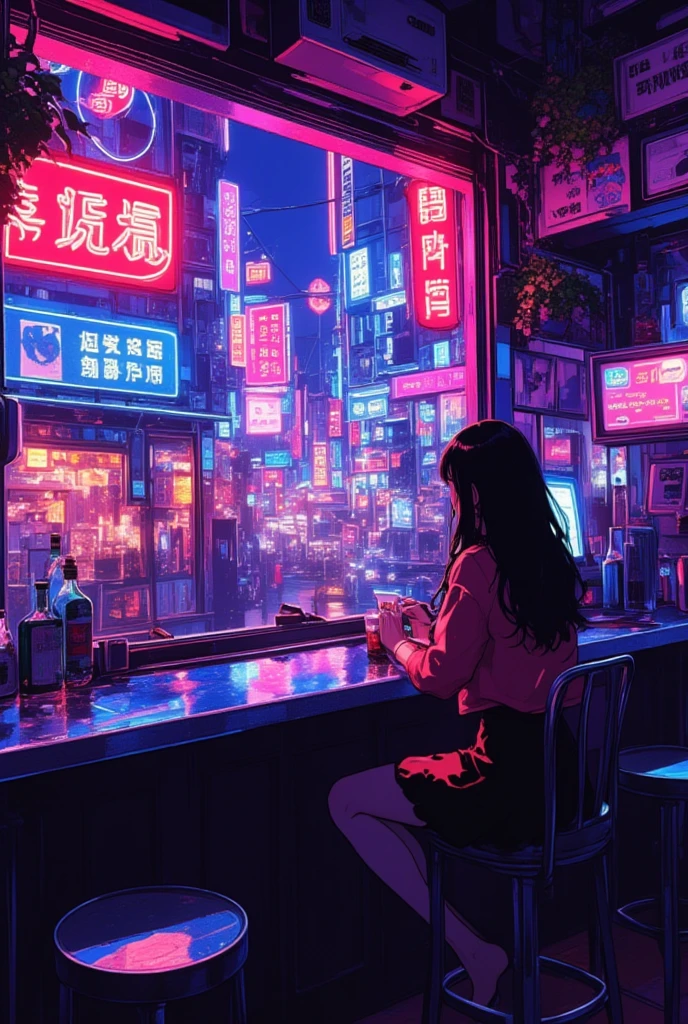 ((Highly detailed anime art)),Woman drinking water while looking down at the city,Room overlooking the sprawling city,Inorganic room,Neon Signs,sf,colorful,Decadent,Slam,cyber punk,Disorderly Building,((masterpiece, Highest quality, Extremely detailed CG, unity 8k wallpaper )),(masterpiece, Highest quality, Highest quality, Official Art, beautiful),Very vivid,High-precision images,Ultra-high resolution,Great art,Poster Art,Impressive photos,Impressive art,beautiful顔,Perfect Face