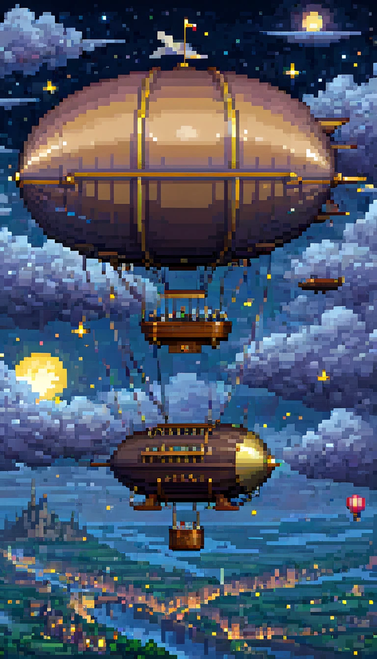 pixel art, ((1 a dirigible balloon fantasy)), night, clouds, stars, (sky), top down view