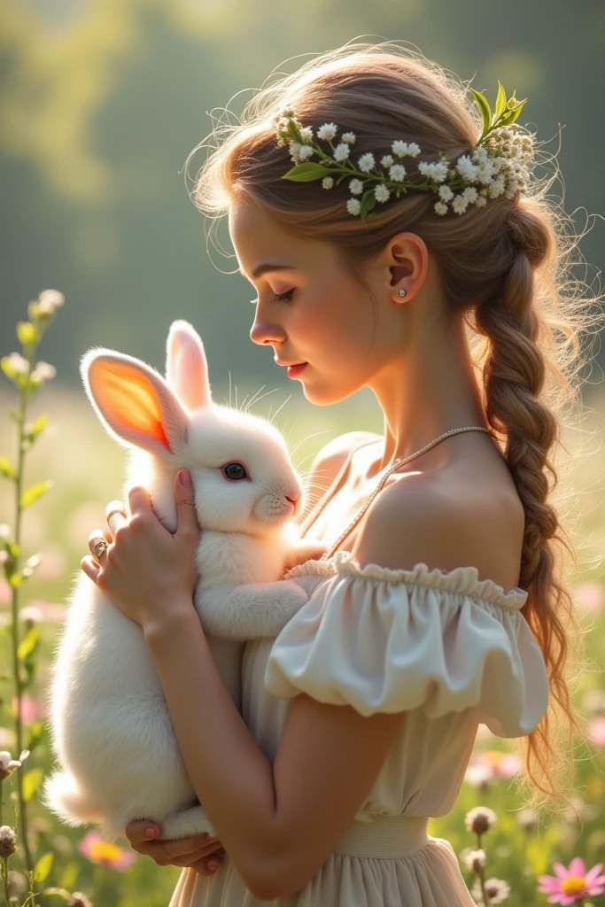  brunette with curly hair holding a rabbit 