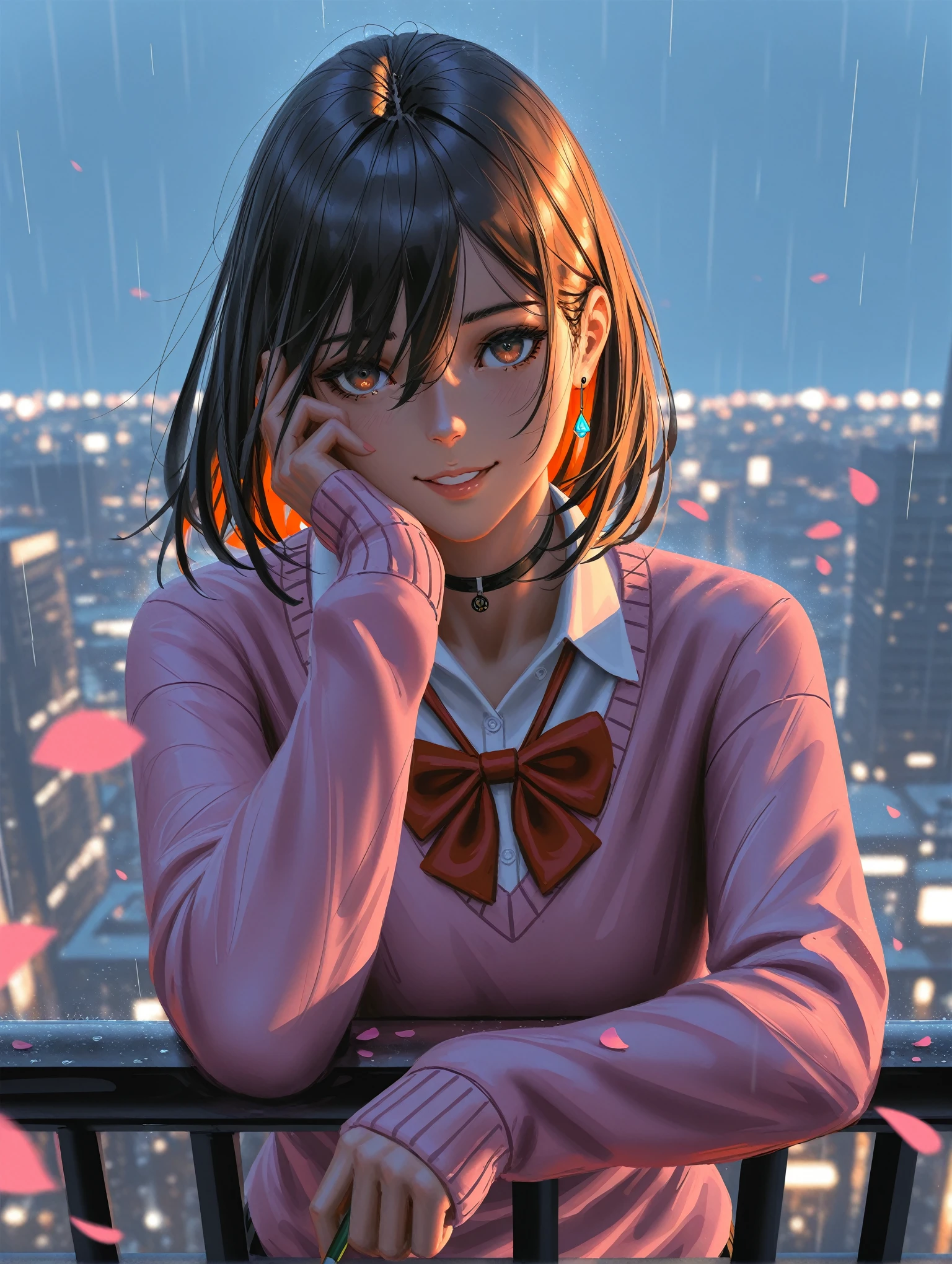 (guweiz, wlop, pluvium grandis), realistic,  dandadan, ayase momo, 1girl, black choker, blue sky, bow, bowtie, brown eyes, brown hair, choker, collared shirt, dress shirt, earrings, elbow rest, hair between eyes, hand on own cheek, hand on own face, head rest, jewelry, light blush, light particles, long sleeves, looking at viewer, loose bowtie, medium hair, parted lips, pencil, petals, pink petals, pink sweater, red bow, red bowtie, school uniform, shirt, sleeves past wrists, smile, solo, sweater, upper body, white shirt, blurry, blurry background, city, city lights, leaning back, railing, rain,
,masterpiece,best quality,newest,