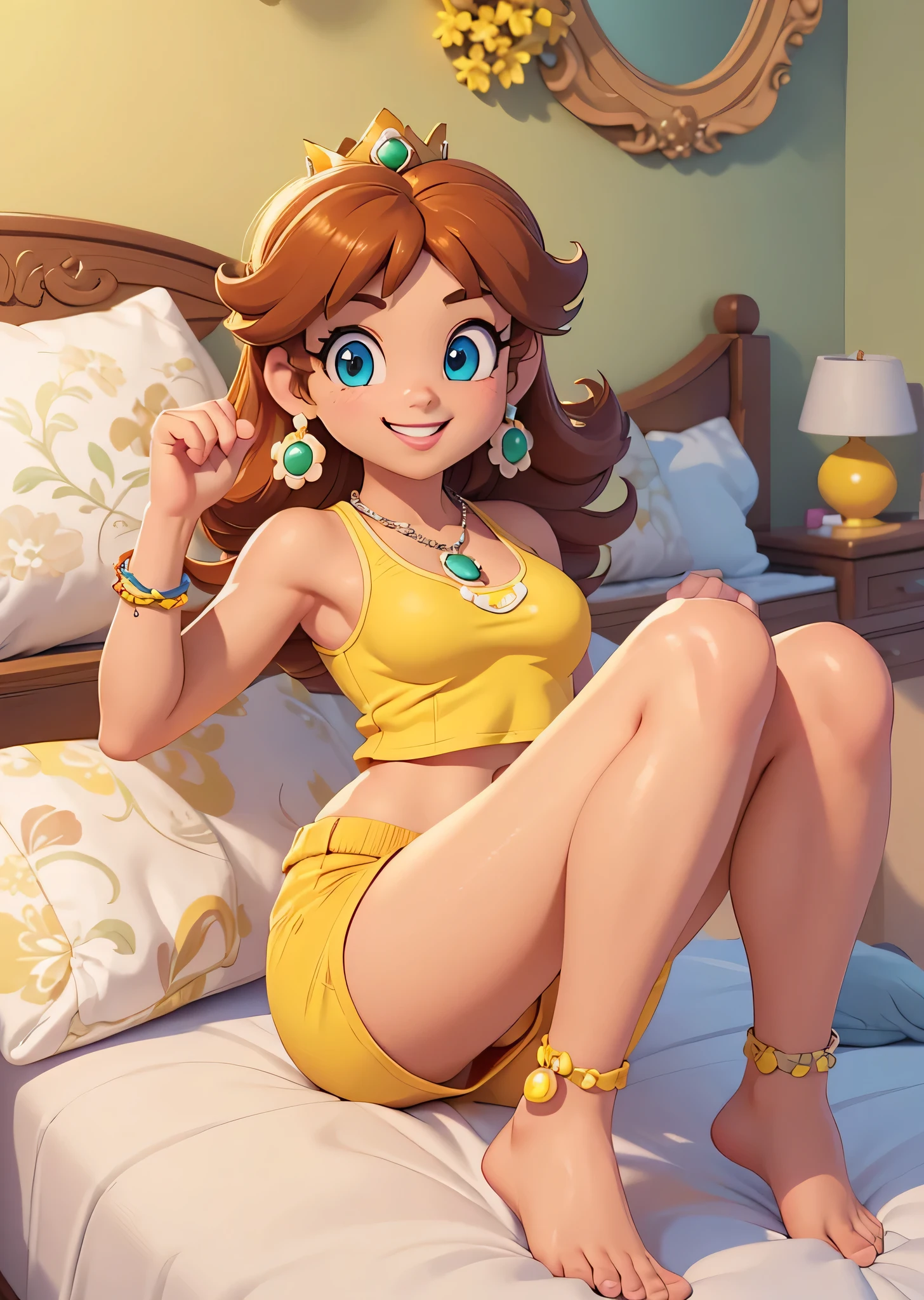 [Daisy_SM], [Princess Daisy], ((masterpiece)), ((HD)), ((high res)), ((solo portrait)), ((full body)), ((feet visible)), ((front view)), ((cartoon aesthetic)), ((detailed soft shading)), ((beautiful render art)), ((intricate details)), {(athletic figure), (brown tanned skin), (short brunette hair), (cute blue eyes), (small breasts), (toned body), (curvy hips), (beautiful legs), (defined feet), (cute excited grin)}, {(yellow tank top), (navel), (yellow lounge shorts), (green pendant earrings)}, {(sitting on bed), (looking at viewer)}, [ambient lighting, bedroom, sun rays]