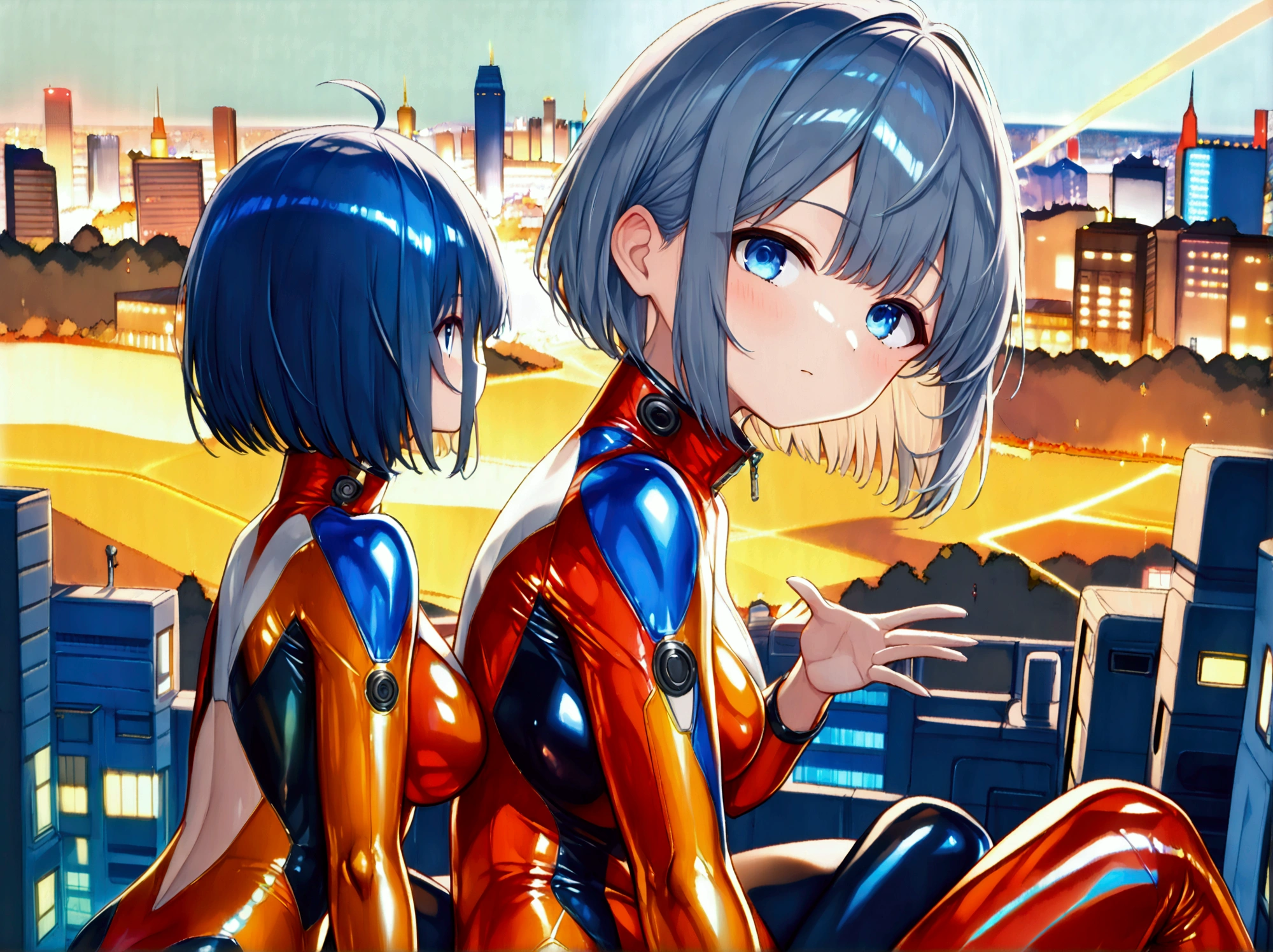 (Multiple girls),(最High image quality, 8k, masterpiece:1.3), (24 years old:1.5), (Grey Hair), ( bob cut ), (Oblique sky blue eyes), (( full body rubber suit 、blue、yellow line、colorful、no zipper 、rubber suit glossy 、Perfect fit、Full body shot、 look at this while sitting、City、Night view)), ([Ultra Clear:1.5), ( Shiny Skin:1.1),(Pale skin:1.1),High image quality、Clear contours