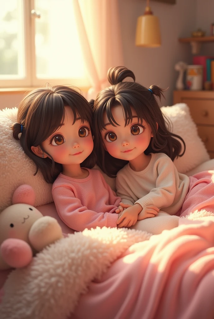 2 girl sitting on bed wearing night suit