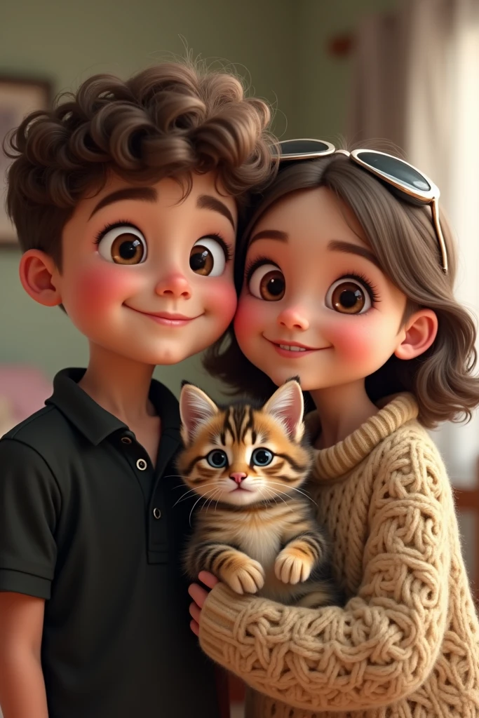 White girl with brown eyes and short balayage hair holding a gray and white striped kitten, white boy brown eyes dark brown hair with glasses