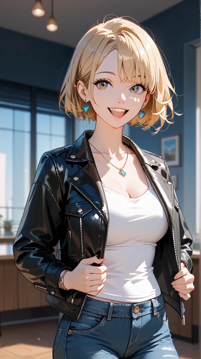 Solo, 1girl, HD, Accurate, Short Hair, Blonde Hair, Earrings, Happy, Fisheye, wearing black leather jacket, white tank , jeans