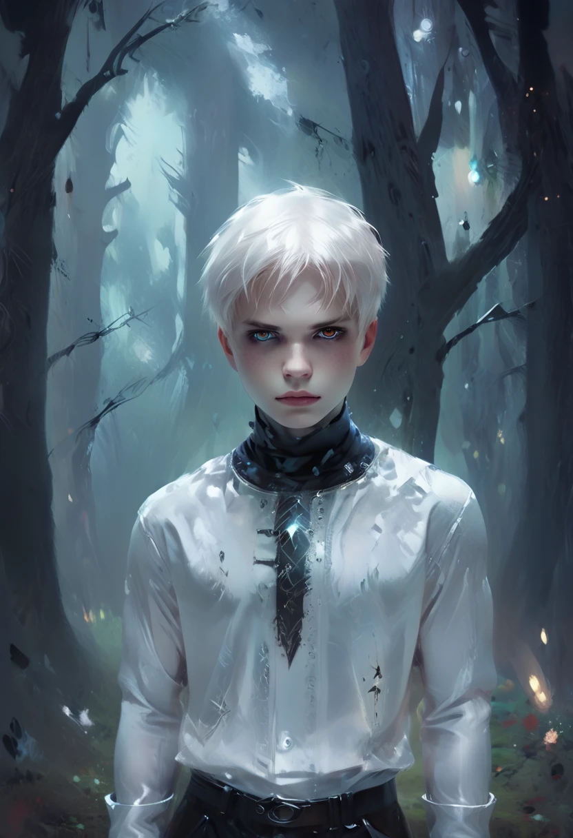 1boy, stylish boy, beauty face, fantasy character, aura art, ethereal atomosphere, fantasy art, in mysterious forest, ethereal atmosphere, white short hair, glance at me, good fashion, in the dark ,rough sketch, oil paintings,