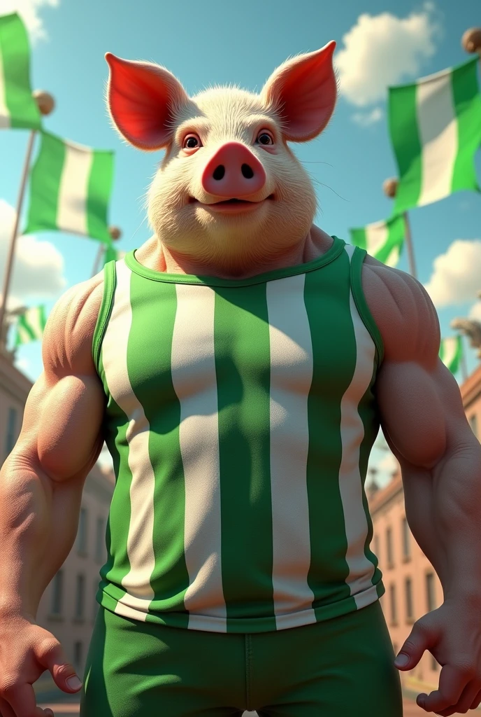 A muscular pig, well-defined gym belly, puffed out chest and shirtless, green rooster tattoo, crossing his arms above his head and pointing the middle finger of both hands, inside a soccer stadium