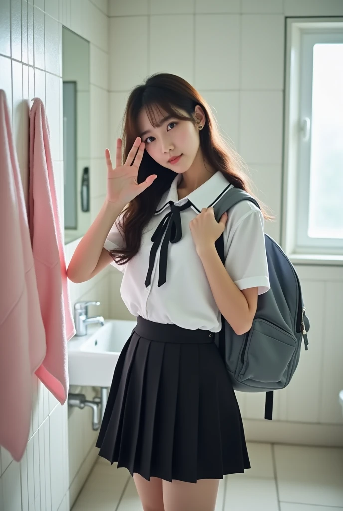 Stand in the classroom of school2fashi-girl,red tie uniform,dark blue closed blazer,Blue plaid mini skirt:1.2,18-year-old,bangs,a little smile,thighs,knees,from below,random pose,pretty girl,slender girl,white panties:1.5,blonde with short cut:1.5,Side waves with a short cut,Carrying a black rucksack,