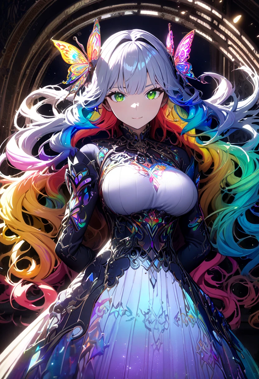 1girl, masterpiece, extremly detailed, ((Cinematic lighting)), (glowing), ((dramatic lighting)), ((beautiful detailed glow)), intricate detail, lens flare, multicolored hair, rainbow hair, long hair, multicolored dress, butterfly hair ornament, butterflies, (light particles), Arms behind back, large breasts, [curvy], cowboy shot, light smile, green eyes, church, stained glass, spotlight, dark background, floating hair, floating hair, looking at viewer,((colorful))