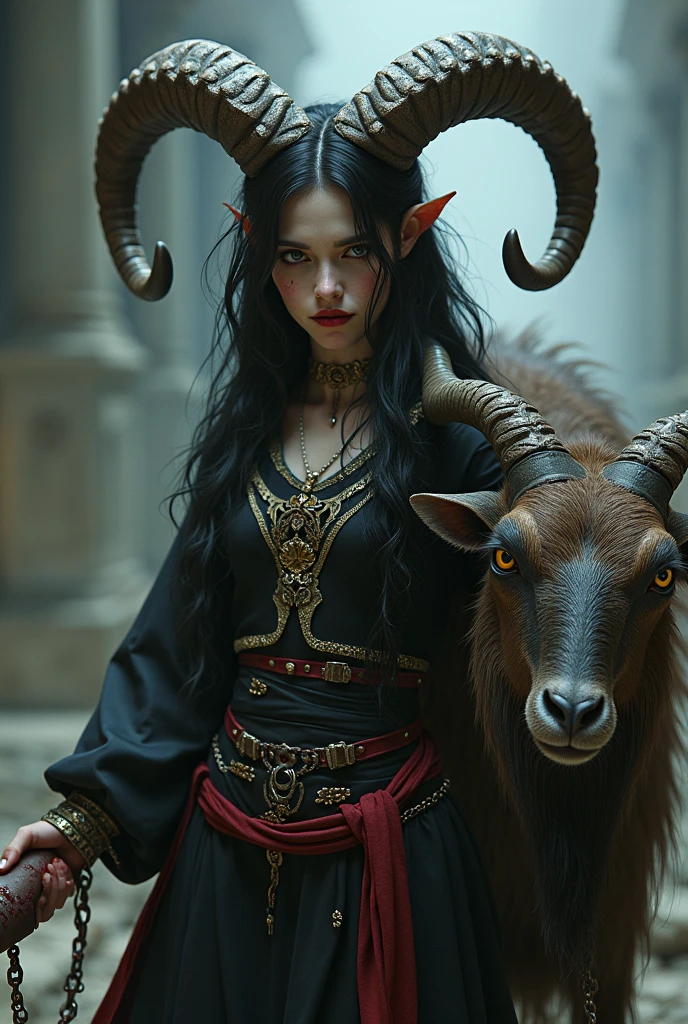 elf ears (horns on head) ,black hair (Red eyes)(Best quality,ultra detailed),bright colors,sharp focus,realistic,photorealistic:1.37,Forest background,warm sunlight,portrait,anime style,green foliage,elegant,playful,lush,flirty,bright features,enticing expression,seductively posing,Lush landscapes,wild and wild atmosphere,bewitching look,long flowing white hair,swaying gracefully,Светящиеся Red eyes,shrill, but exciting,horns,small waist,(Black underwear),tantalizingly revealing,confident and radiant energy