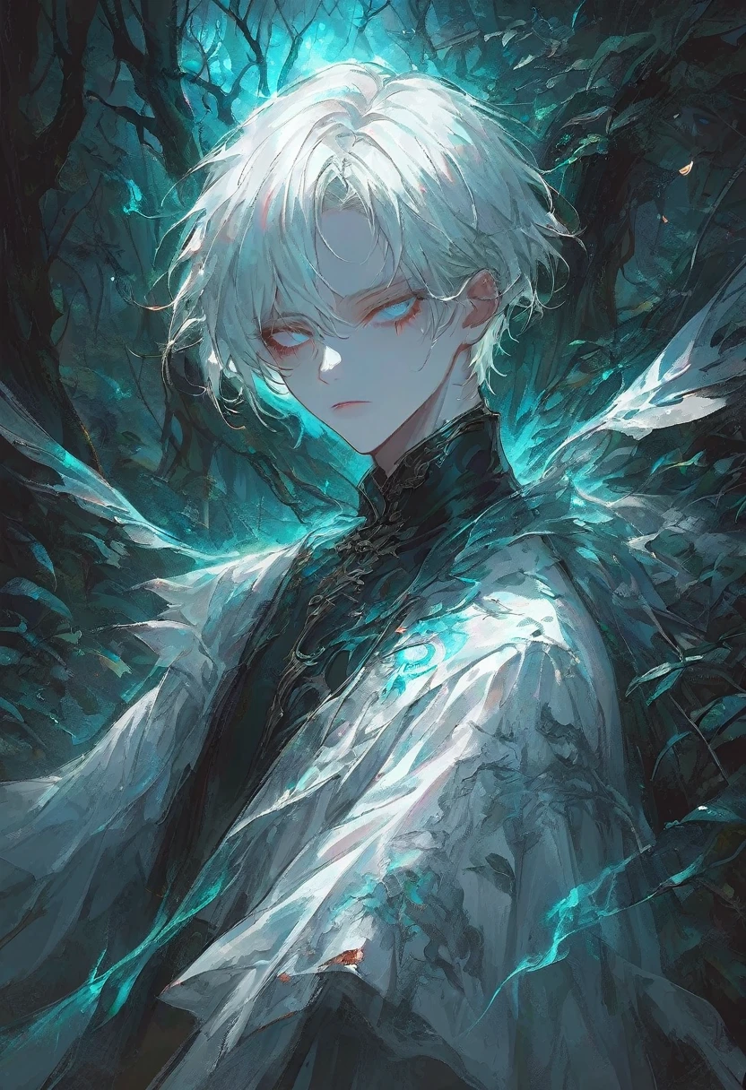 1boy, stylish boy, beauty face, fantasy character, aura art, ethereal atomosphere, fantasy art, in mysterious forest, ethereal atmosphere, white short hair, glance at me, good fashion, in the dark ,rough sketch, oil paintings
