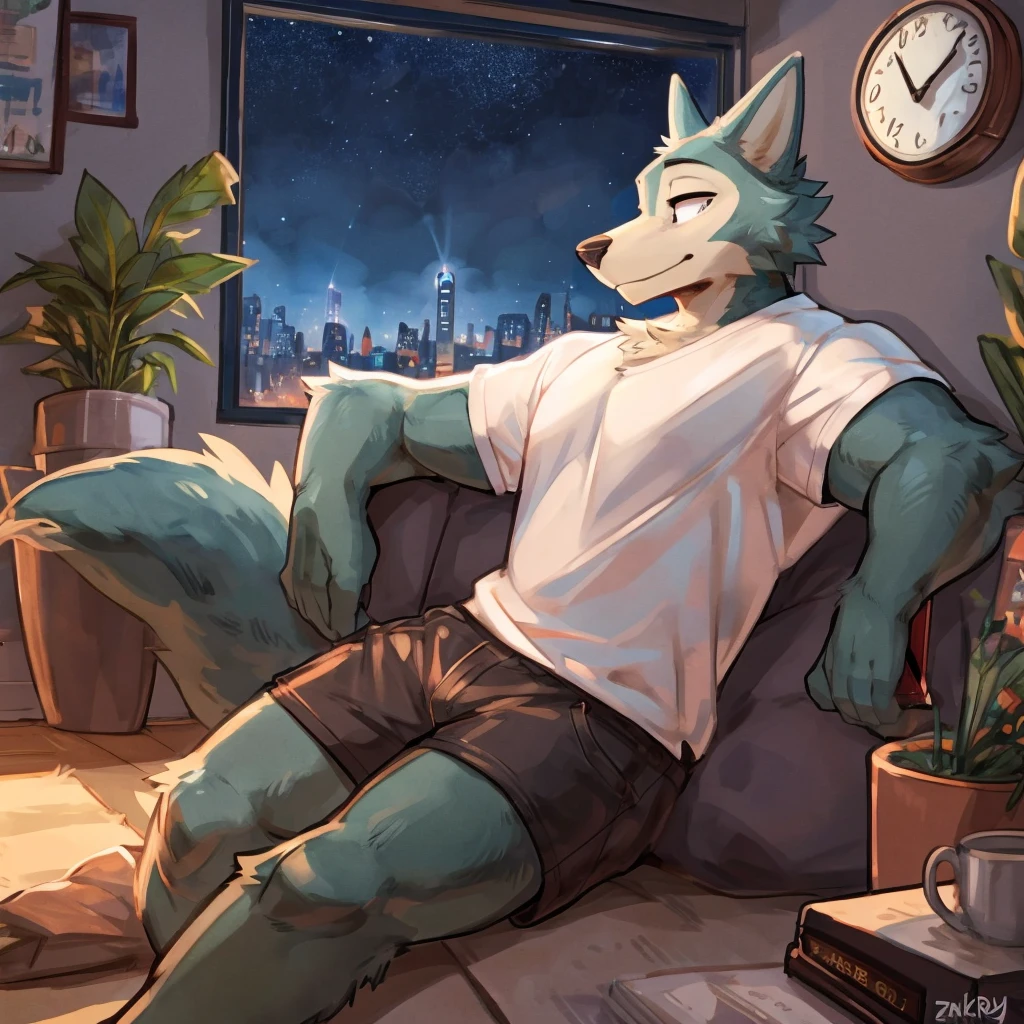 anthro ((Legoshi)), legoshi from Beastars, bulky legoshi, (using phone:1.6), muscular, broad shoulders, happy face, chilling day, sitting at the coffee table, drinking coffee while looking out to the window, (clock on the wall, point at 6.pm:1.5), white T-shirts, shorts, rainy sky outside the window, tall building, dusk, (purple cloud in sunset with star shine on sky while raining too:1), city view, sun down, led string lights above window, fairylights, plant pot in corner, by zackary991, by paperclip, by buta99, by coffeesoda, black pupils, High Resolution, Masterpiece, Best Quality, Award Winning, UHD, Detail, HD, Depth Of Field, perfect cityscape through window, guitar place on the floor, chilling starry sky sunset, calming, pretty (fairylights), bookshelf, ultra detailed eyes, hulking legoshi, fluffy big  tails, very relaxing wallpaper