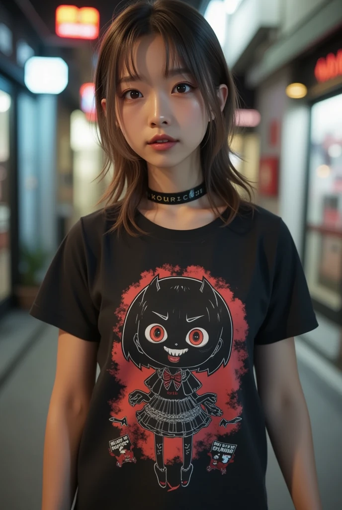 She is wearing a Tee with a large print of her favorite cute black devil girl, ultra-realistic, photorealistic, dramatic scene, shadow, global-illumination, solo, (20 years old Japanese famous idol girl:1.5), very beautiful fragile Japanese girl, very beautiful with very cute but boyish cool face, she is wearing punk rock outfits with very realistic smiled Chibi-anime-devil-black-girl printed Tee, the chibi-anime-devil-black-girl that printed on her Tee is 1girl\(dark black devil,cute,big eyes,large circle eyes,black skin,evil smile,long nail,orange eyes, vivid orange eyes, dark black skin, looking down,wearing capelet\(big,long,Tattered\), backlit,full body\), she is wearing accessories, leather choker, leather jacket, standing at the downtown, professional lighting, 