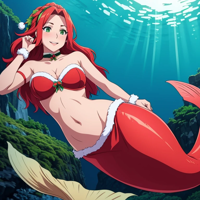 From below, Sexy Santa, Underwater sea, coral, Mermaid, cleavage, mermaid tail below waistline, bra green, long hair, red hair, green eyes, smile, blush, ultra resolution , perfect, very detailed, work of art, 4k hd, 