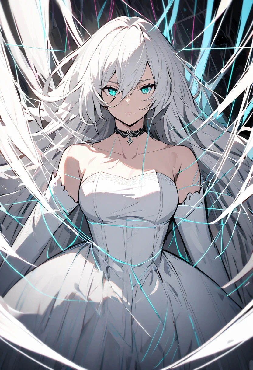 choker, mature female, voluminous hair, slim, white dress, strapless dress, white gloves, elbow gloves, white hair, long hair, aqua eyes, medium breast, ((thread, cocoon))