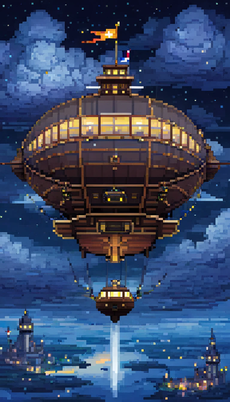 pixel art, ((1 a airship fantasy)), night, clouds, stars, (sky), top down view